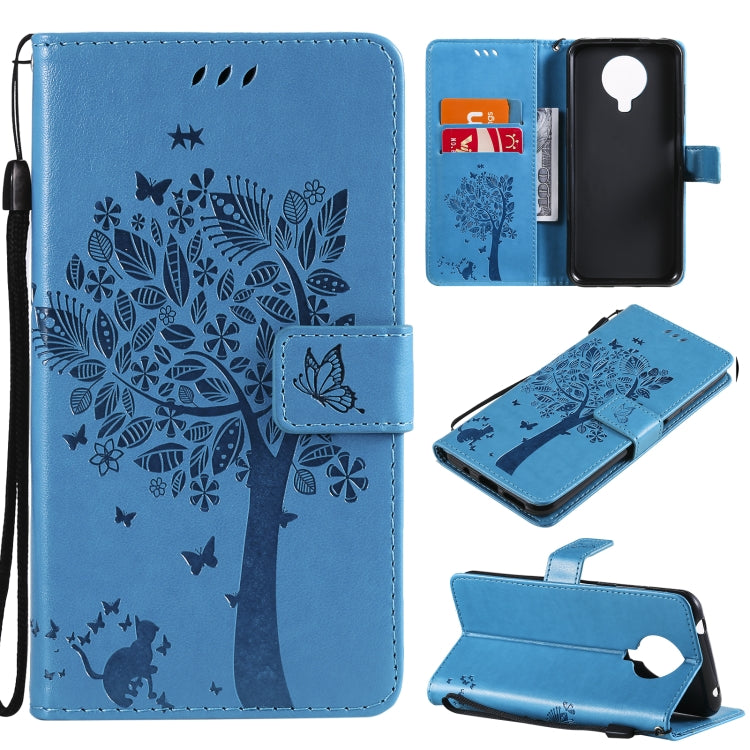 For Nokia G10 Tree & Cat Pattern Pressed Printing Horizontal Flip PU Leather Case with Holder & Card Slots & Wallet & Lanyard(Blue) - Nokia Cases by buy2fix | Online Shopping UK | buy2fix
