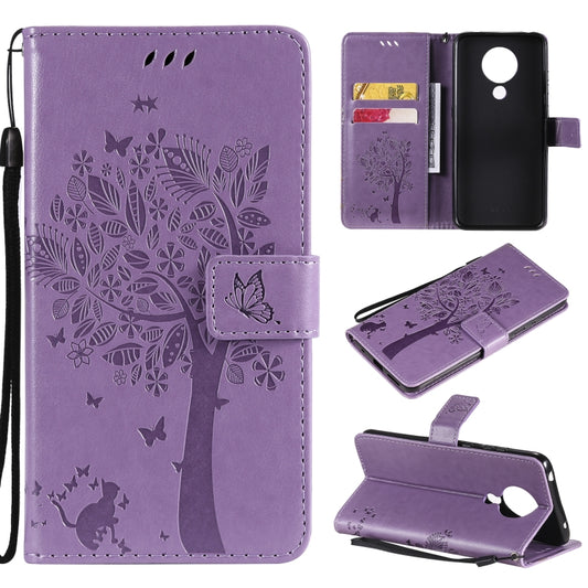 For Nokia 5.3 Tree & Cat Pattern Pressed Printing Horizontal Flip PU Leather Case with Holder & Card Slots & Wallet & Lanyard(Lavender) - Nokia Cases by buy2fix | Online Shopping UK | buy2fix