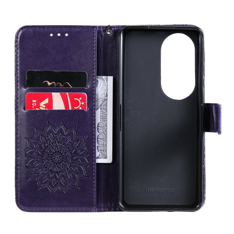 For Huawei P50 Pro Sun Embossing Pattern Horizontal Flip Leather Case with Card Slot & Holder & Wallet & Lanyard(Purple) - Huawei Cases by buy2fix | Online Shopping UK | buy2fix