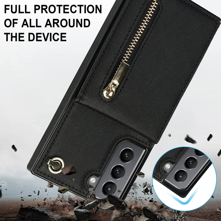 For Samsung Galaxy S21 5G Cross-body Zipper Square TPU+PU Back Cover Case with Holder & Card Slots & Wallet & Strap(Black) - Galaxy S21 5G Cases by buy2fix | Online Shopping UK | buy2fix