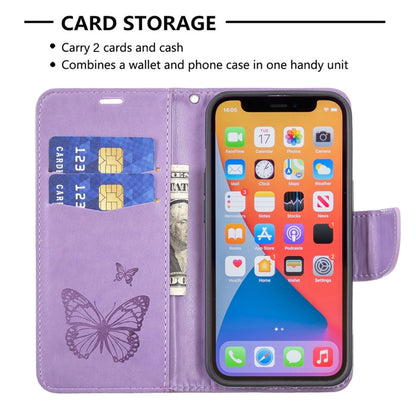 For iPhone 13 Embossing Two Butterflies Pattern Horizontal Flip PU Leather Case with Holder & Card Slot & Wallet & Lanyard(Purple) - iPhone 13 Cases by buy2fix | Online Shopping UK | buy2fix