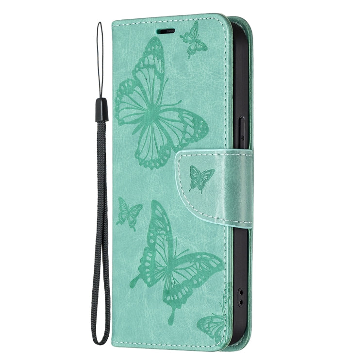 For iPhone 13 Pro Max Embossing Two Butterflies Pattern Horizontal Flip PU Leather Case with Holder & Card Slot & Wallet & Lanyard (Green) - iPhone 13 Pro Max Cases by buy2fix | Online Shopping UK | buy2fix