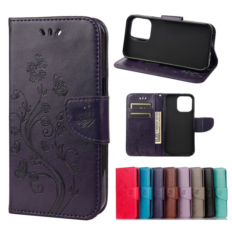 For iPhone 13 Butterfly Flower Pattern Horizontal Flip Leather Case with Holder & Card Slots & Wallet(Deep Purple) - iPhone 13 Cases by buy2fix | Online Shopping UK | buy2fix