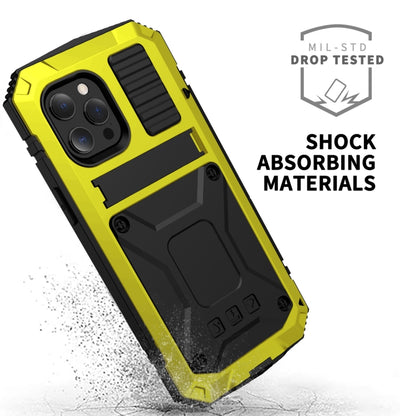 For iPhone 13 mini R-JUST Shockproof Waterproof Dust-proof Metal + Silicone Protective Case with Holder (Yellow) - iPhone 13 mini Cases by R-JUST | Online Shopping UK | buy2fix