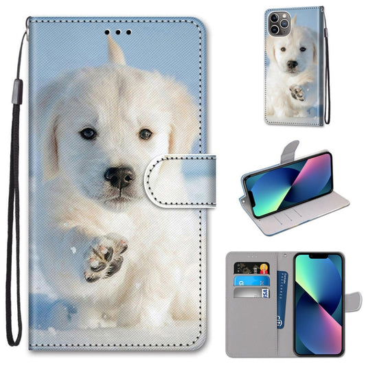 For iPhone 13 mini Coloured Drawing Cross Texture Horizontal Flip PU Leather Case with Holder & Card Slots & Wallet & Lanyard (Snow Puppy) - iPhone 13 mini Cases by buy2fix | Online Shopping UK | buy2fix