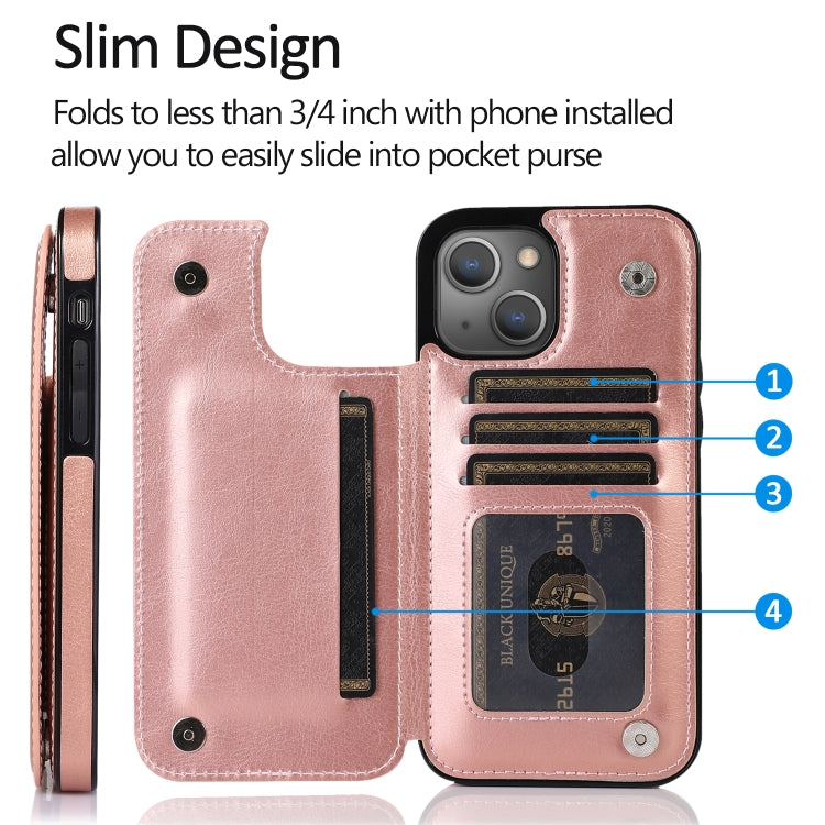 For iPhone 13 Double Buckle Shockproof PU Protective Case with Card Slots & Holder(Rose Gold) - iPhone 13 Cases by buy2fix | Online Shopping UK | buy2fix