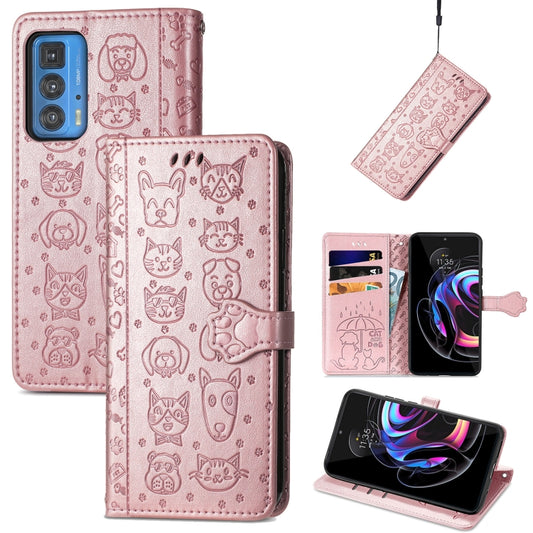 For Motorola Edge 20 Pro Lovely Cat and Dog Embossing Pattern Horizontal Flip Leather Case , with Holder & Card Slots & Wallet & Cartoon Clasp & Lanyard(Rose Gold) - Motorola Cases by buy2fix | Online Shopping UK | buy2fix