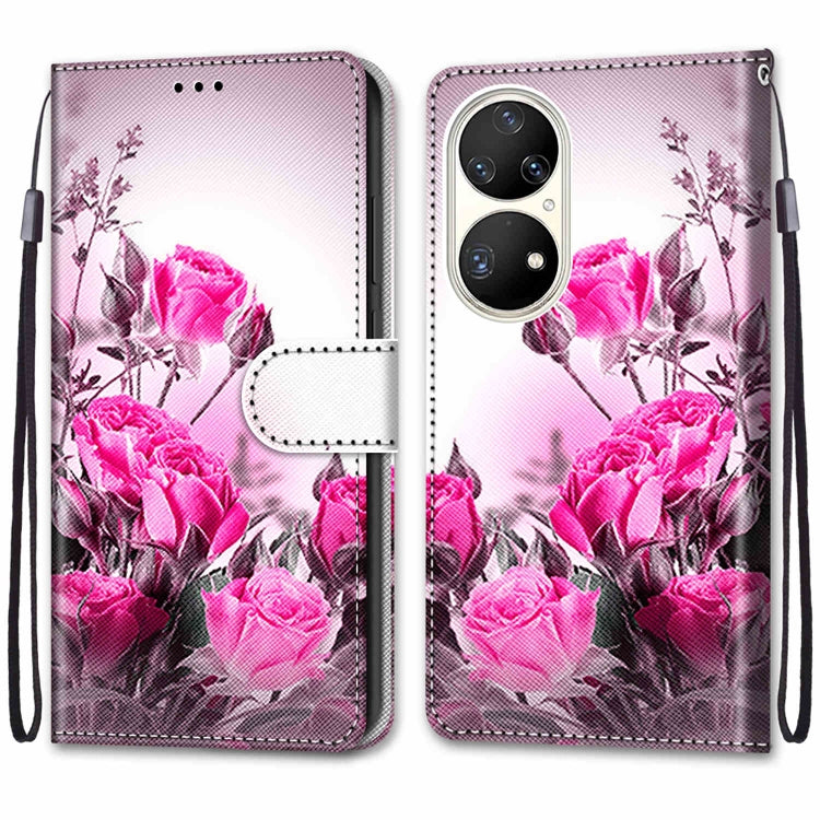 For Huawei P50 Pro Coloured Drawing Cross Texture Horizontal Flip PU Leather Case with Holder & Card Slots & Wallet & Lanyard(Wild Rose) - Huawei Cases by buy2fix | Online Shopping UK | buy2fix