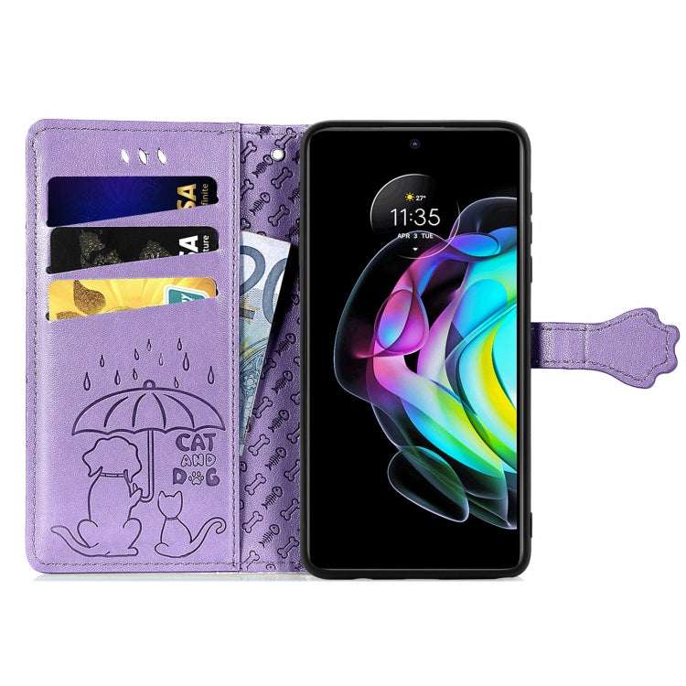 For Motorola Moto Edge 20 Lovely Cat and Dog Embossing Pattern Horizontal Flip Leather Case , with Holder & Card Slots & Wallet & Cartoon Clasp & Lanyard(Purple) - Motorola Cases by buy2fix | Online Shopping UK | buy2fix