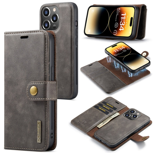 For iPhone 14 Pro DG.MING Crazy Horse Texture Detachable Magnetic Leather Case(Grey) - iPhone 14 Pro Cases by DG.MING | Online Shopping UK | buy2fix