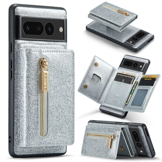 For Google Pixel 7 Pro DG.MING M3 Series Glitter Powder Card Bag Leather Case(Silver) - Google Cases by DG.MING | Online Shopping UK | buy2fix