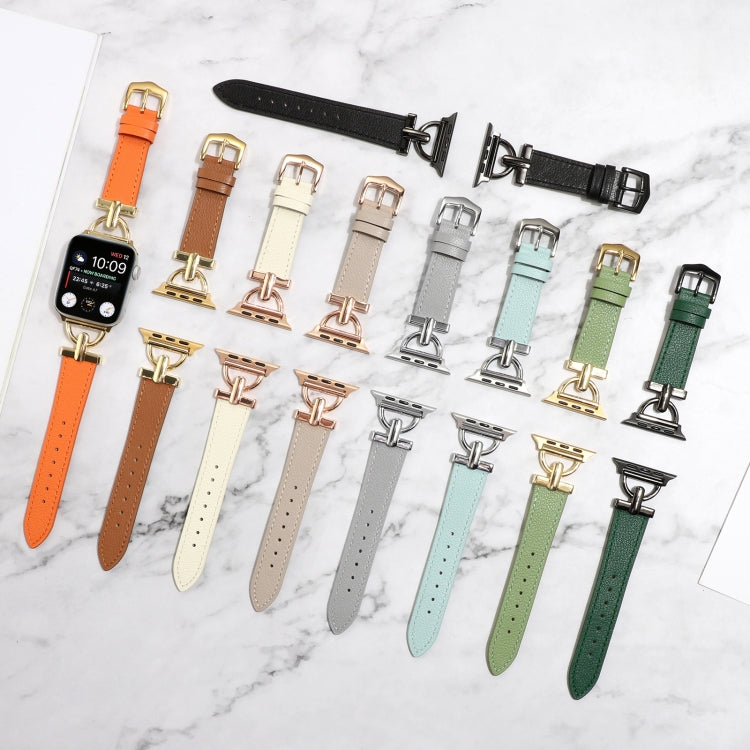 For Apple Watch Series 9&8&7 41mm / SE 3&SE 2&6&SE&5&4 40mm / 3&2&1 38mm D-Buckle Plain Genuine Leather Watch Band(Orange) - Watch Bands by buy2fix | Online Shopping UK | buy2fix