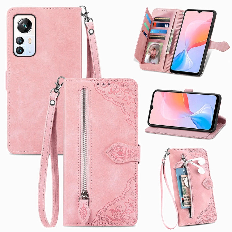 For Blackview A85 Embossed Flower Zipper Leather Phone Case(Pink) - More Brand by buy2fix | Online Shopping UK | buy2fix