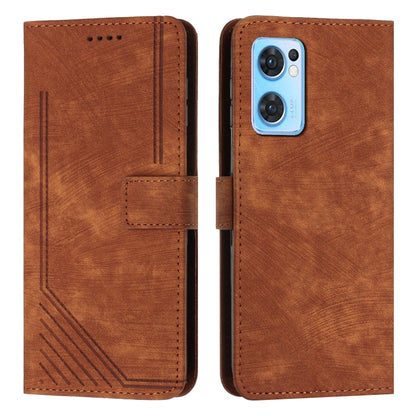 For OPPO Reno7 5G Global / Find X5 Lite Skin Feel Stripe Pattern Leather Phone Case with Lanyard(Brown) - OPPO Cases by buy2fix | Online Shopping UK | buy2fix