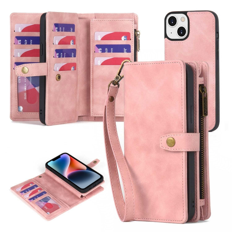 For iPhone 14 Zipper Wallet Detachable MagSafe Leather Phone Case(Pink) - iPhone 14 Cases by buy2fix | Online Shopping UK | buy2fix