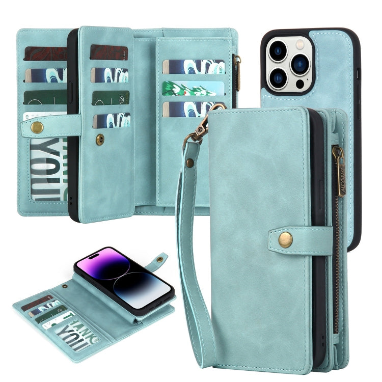 For iPhone 14 Pro Max Zipper Wallet Detachable MagSafe Leather Phone Case(Blue) - iPhone 14 Pro Max Cases by buy2fix | Online Shopping UK | buy2fix