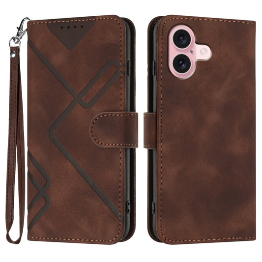 For iPhone 16 Line Pattern Skin Feel Leather Phone Case(Coffee) - iPhone 16 Cases by buy2fix | Online Shopping UK | buy2fix