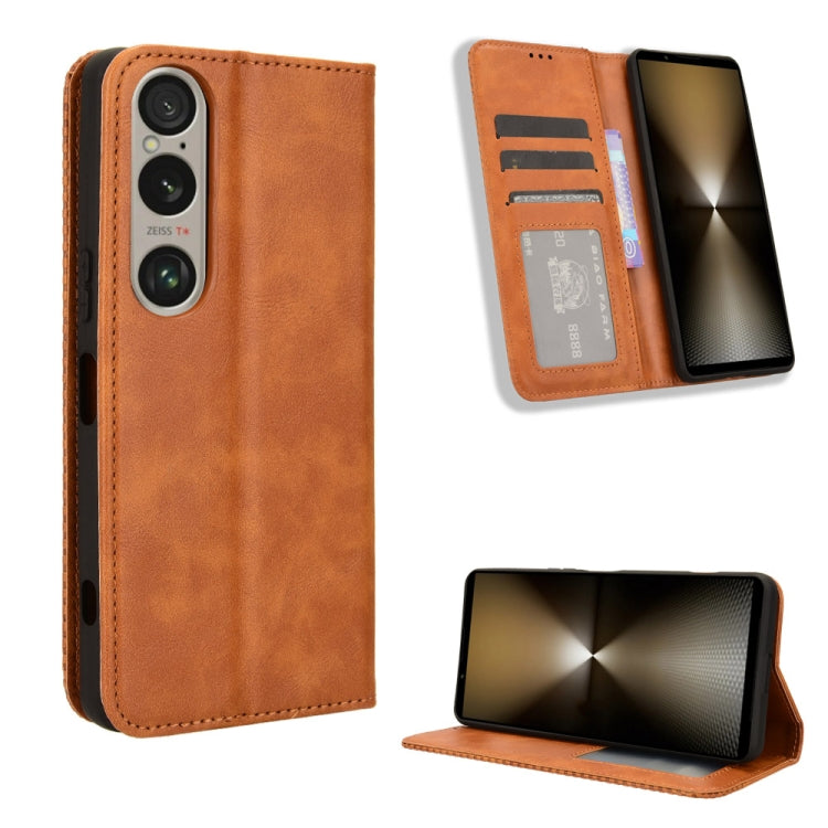 For Sony Xperia 1 VI 2024 Magnetic Buckle Retro Texture Leather Phone Case(Brown) - Sony Cases by buy2fix | Online Shopping UK | buy2fix