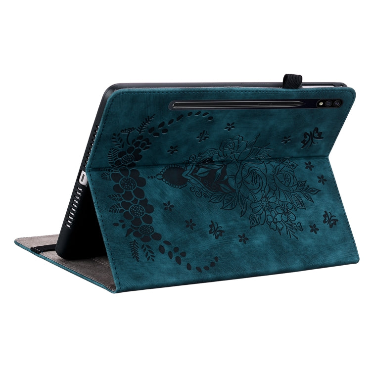 For Samsung Galaxy Tab S9+ Butterfly Rose Embossed Leather Tablet Case(Dark Blue) - Galaxy Tab S9+ Cases by buy2fix | Online Shopping UK | buy2fix