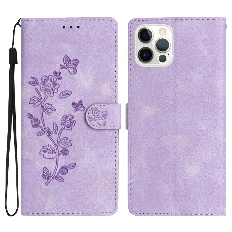 For iPhone 16 Pro Flower Butterfly Embossing Pattern Leather Phone Case(Purple) - iPhone 16 Pro Cases by buy2fix | Online Shopping UK | buy2fix