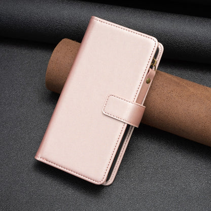 For iPhone 16 9 Card Slots Zipper Wallet Leather Flip Phone Case(Rose Gold) - iPhone 16 Cases by buy2fix | Online Shopping UK | buy2fix