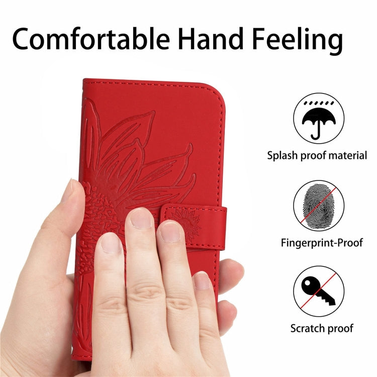 For iPhone 16 Pro Max Skin Feel Sun Flower Embossed Flip Leather Phone Case with Lanyard(Red) - iPhone 16 Pro Max Cases by buy2fix | Online Shopping UK | buy2fix