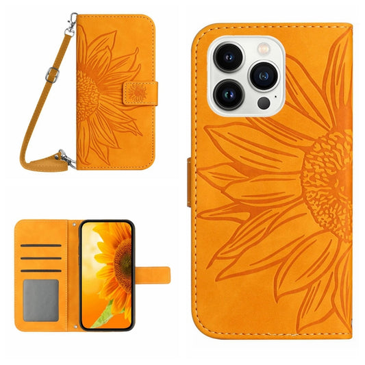 For iPhone 16 Pro Max Skin Feel Sun Flower Embossed Flip Leather Phone Case with Lanyard(Yellow) - iPhone 16 Pro Max Cases by buy2fix | Online Shopping UK | buy2fix