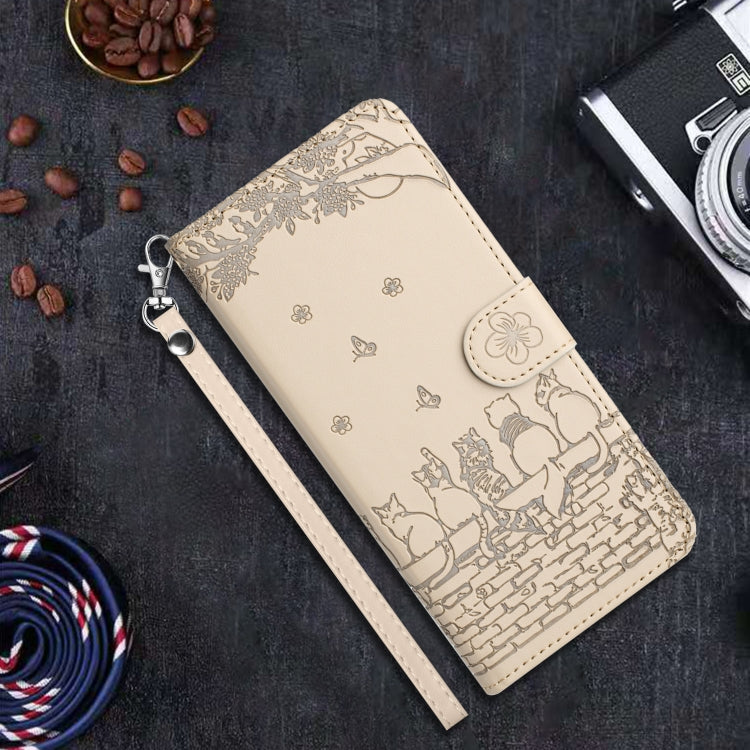 For iPhone SE 2024 Cat Embossing Pattern Leather Phone Case with Lanyard(Beige) - More iPhone Cases by buy2fix | Online Shopping UK | buy2fix