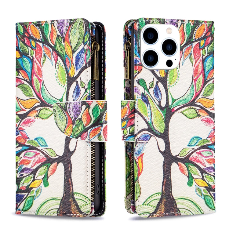 For iPhone 16 Pro Colored Drawing Pattern Zipper Phone Leather Case(Tree) - iPhone 16 Pro Cases by buy2fix | Online Shopping UK | buy2fix