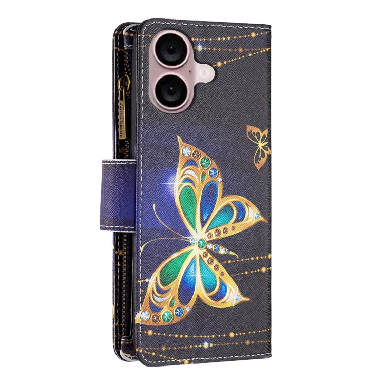 For iPhone 16 Plus Colored Drawing Pattern Zipper Phone Leather Case(Big Butterfly) - iPhone 16 Plus Cases by buy2fix | Online Shopping UK | buy2fix