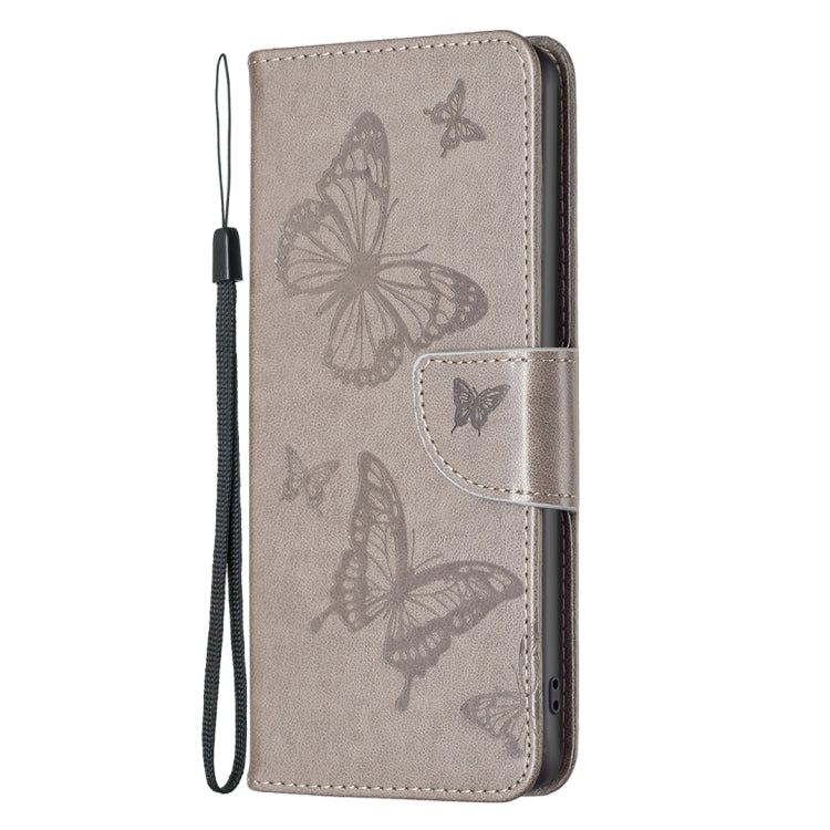 For iPhone 16 Pro Embossing Two Butterflies Pattern Leather Phone Case(Grey) - iPhone 16 Pro Cases by buy2fix | Online Shopping UK | buy2fix