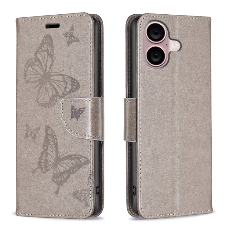 For iPhone 16 Plus Embossing Two Butterflies Pattern Leather Phone Case(Grey) - iPhone 16 Plus Cases by buy2fix | Online Shopping UK | buy2fix