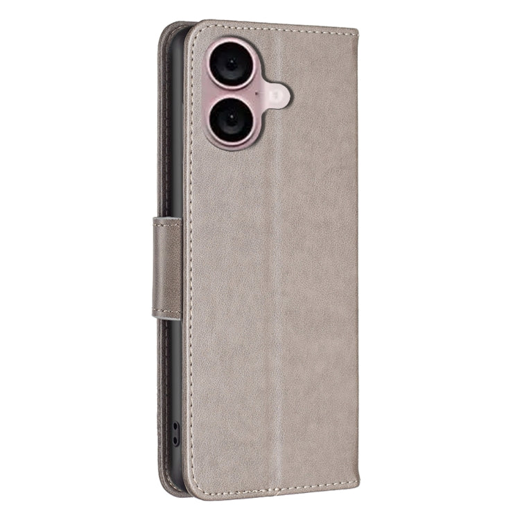 For iPhone 16 Plus Embossing Two Butterflies Pattern Leather Phone Case(Grey) - iPhone 16 Plus Cases by buy2fix | Online Shopping UK | buy2fix