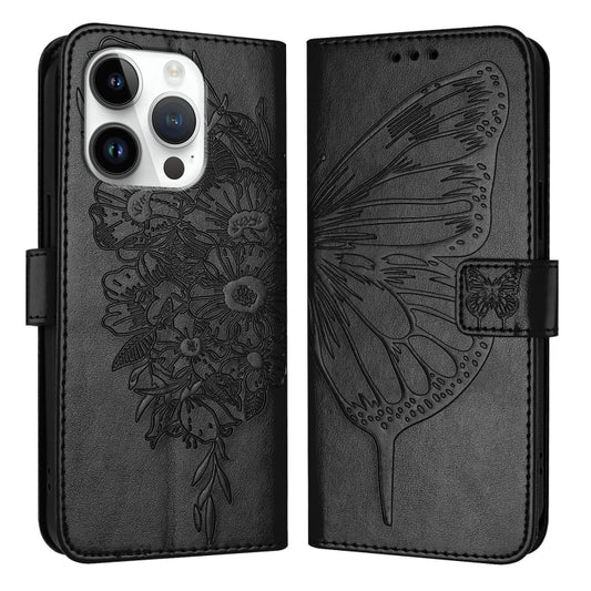 For iPhone 16 Pro Embossed Butterfly Leather Phone Case(Black) - iPhone 16 Pro Cases by buy2fix | Online Shopping UK | buy2fix