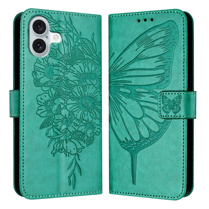 For iPhone 16 Plus Embossed Butterfly Leather Phone Case(Green) - iPhone 16 Plus Cases by buy2fix | Online Shopping UK | buy2fix