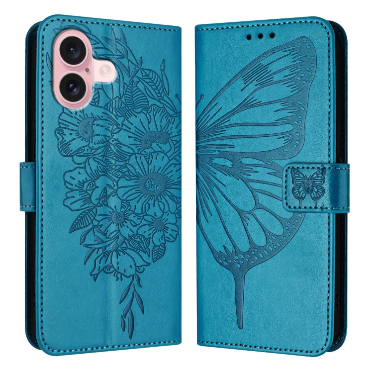 For iPhone 16 Embossed Butterfly Leather Phone Case(Blue) - iPhone 16 Cases by buy2fix | Online Shopping UK | buy2fix