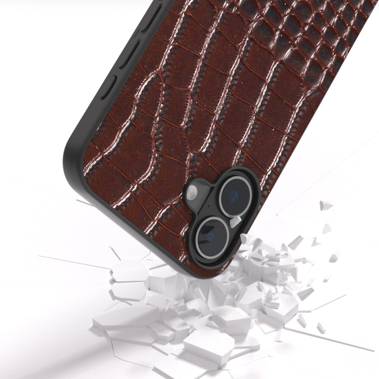 For iPhone 16 Plus ABEEL Genuine Leather Crocodile Pattern Black Edge Phone Case(Coffee) - iPhone 16 Plus Cases by buy2fix | Online Shopping UK | buy2fix