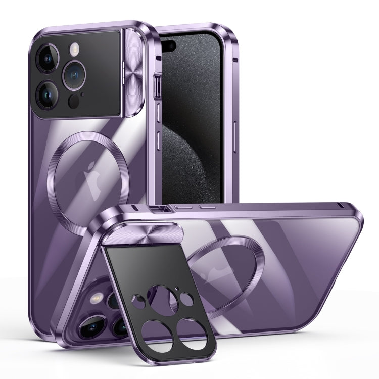 For iPhone 15 Pro Large Window Holder MagSafe Magnetic Metal Phone Case(Purple) - iPhone 15 Pro Cases by buy2fix | Online Shopping UK | buy2fix