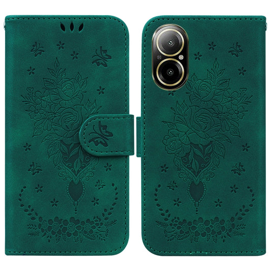 For Realme C67 4G Global Butterfly Rose Embossed Leather Phone Case(Green) - C67 Cases by buy2fix | Online Shopping UK | buy2fix