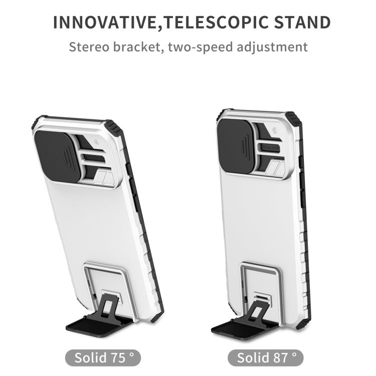 For iPhone 16 Pro Max Stereoscopic Holder Sliding Camshield Phone Case(White) - iPhone 16 Pro Max Cases by buy2fix | Online Shopping UK | buy2fix