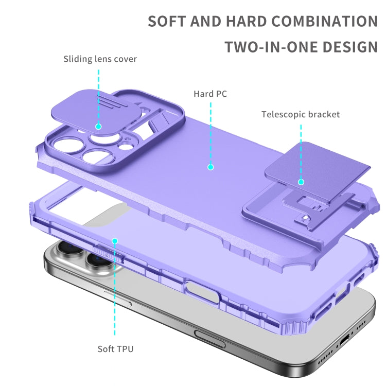 For iPhone 16 Pro Stereoscopic Holder Sliding Camshield Phone Case(Purple) - iPhone 16 Pro Cases by buy2fix | Online Shopping UK | buy2fix