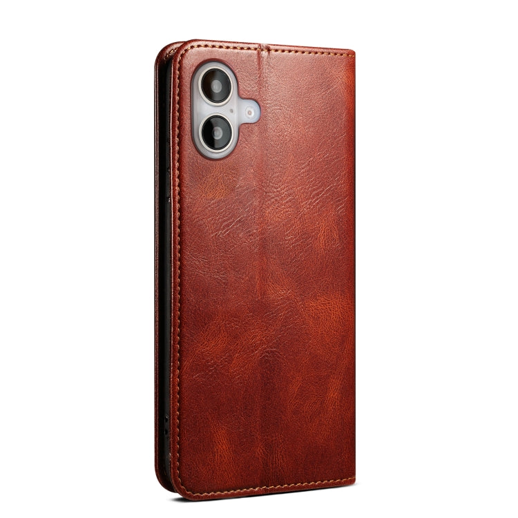 For iPhone 16 Oil Wax Crazy Horse Texture Leather Phone Case(Brown) - iPhone 16 Cases by buy2fix | Online Shopping UK | buy2fix