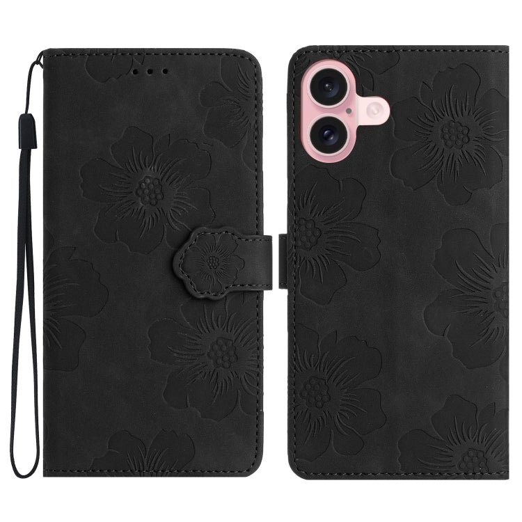 For iPhone 16 Flower Embossing Pattern Leather Phone Case(Black) - iPhone 16 Cases by buy2fix | Online Shopping UK | buy2fix