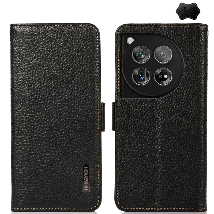 For OnePlus 12 KHAZNEH Side-Magnetic Litchi Genuine Leather RFID Phone Case(Black) - OnePlus Cases by buy2fix | Online Shopping UK | buy2fix