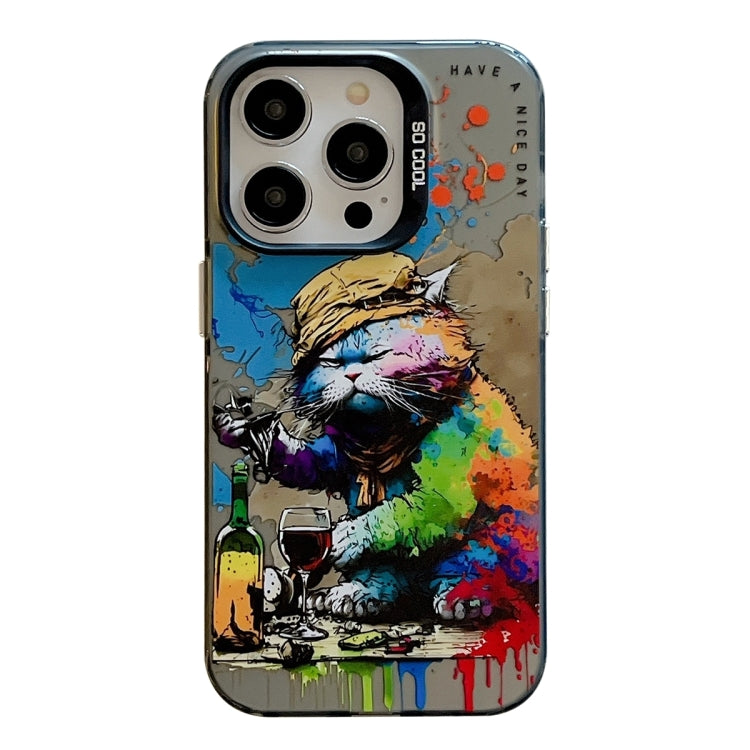 For iPhone 16 Pro Max Animal Pattern Oil Painting Series PC + TPU Phone Case(Drinking Cat) - iPhone 16 Pro Max Cases by buy2fix | Online Shopping UK | buy2fix