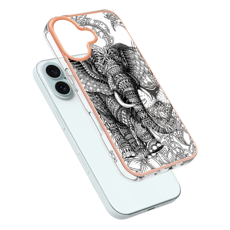 For iPhone 16 Electroplating Marble Dual-side IMD Phone Case(Totem Elephant) - iPhone 16 Cases by buy2fix | Online Shopping UK | buy2fix