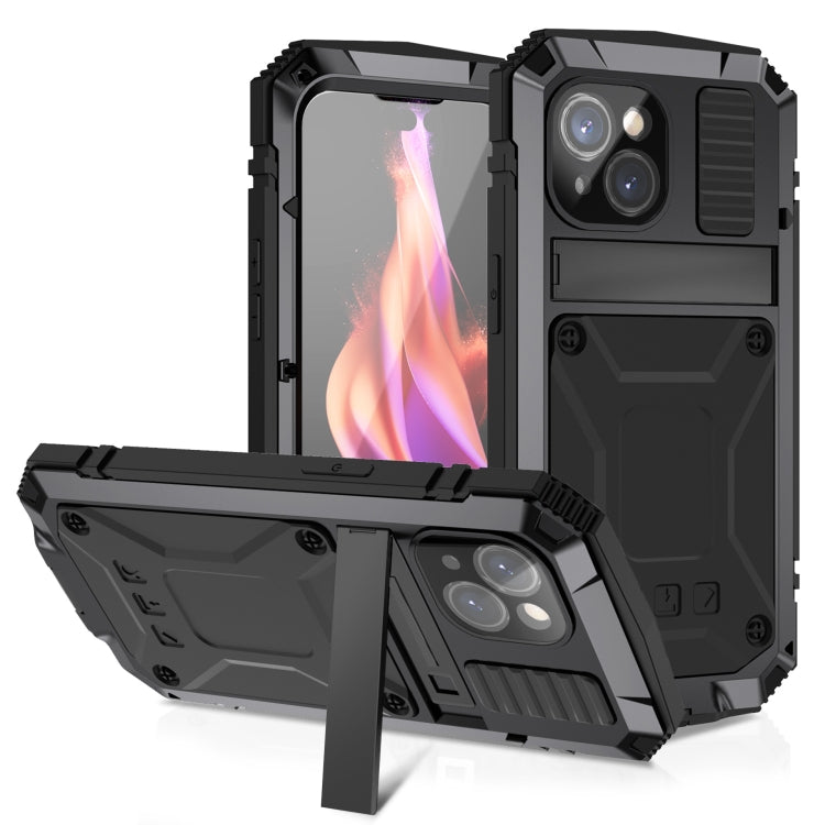 For iPhone 15 R-JUST Shockproof Life Waterproof Dust-proof Metal + Silicone Phone Case with Holder(Black) - iPhone 15 Cases by R-JUST | Online Shopping UK | buy2fix