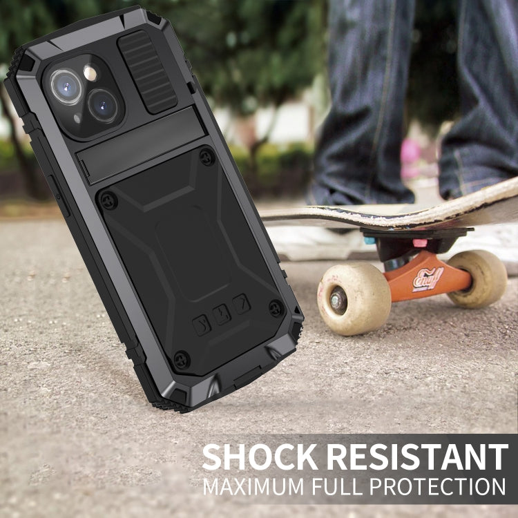 For iPhone 15 R-JUST Shockproof Life Waterproof Dust-proof Metal + Silicone Phone Case with Holder(Black) - iPhone 15 Cases by R-JUST | Online Shopping UK | buy2fix