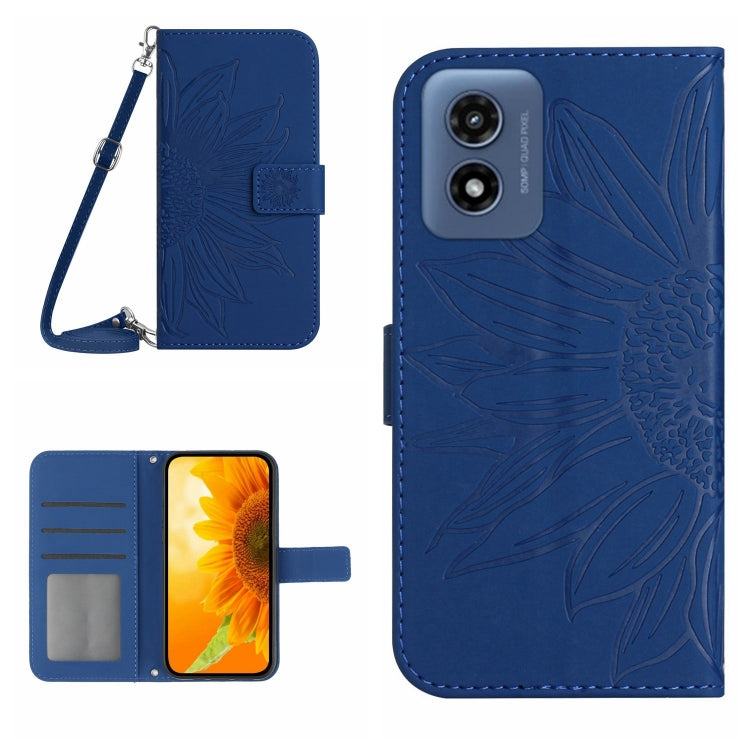 For Motorola Moto G Play 5G 2024 HT04 Skin Feel Sun Flower Embossed Flip Leather Phone Case with Lanyard(Dark Blue) - Motorola Cases by buy2fix | Online Shopping UK | buy2fix