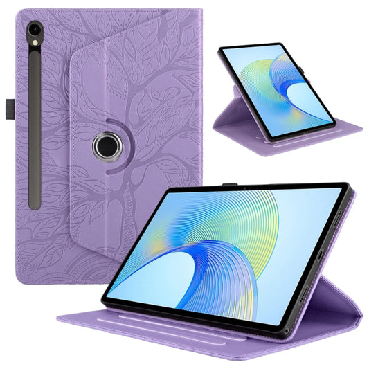 For Samsung Galaxy Tab S9 FE / S9 X510 Tree Life Embossed Rotation Leather Smart Tablet Case(Purple) - Galaxy Tab S9 FE by buy2fix | Online Shopping UK | buy2fix